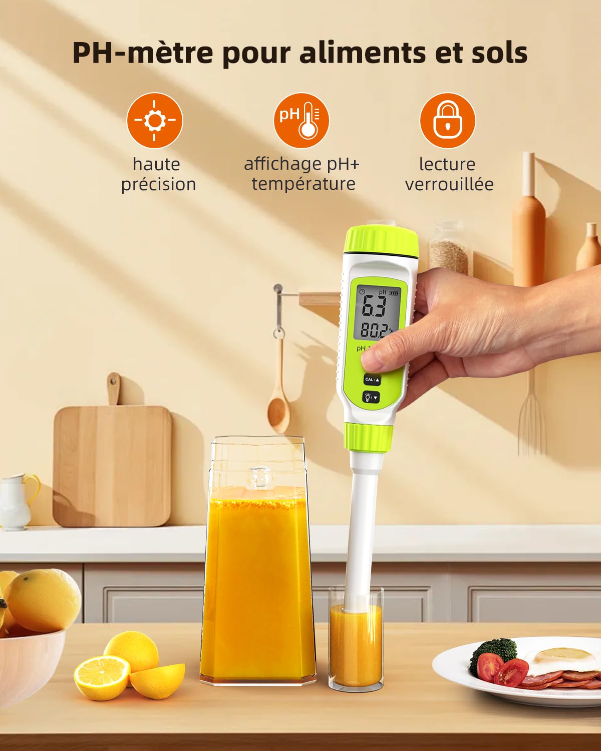 pH-mètre alimentaire numérique multifonctionnel, kit de test de pH de sol de jardin de haute précision avec affichage LCD °C/°F pour les tests de pH des plantes, de l'eau et des aliments. (Vert)