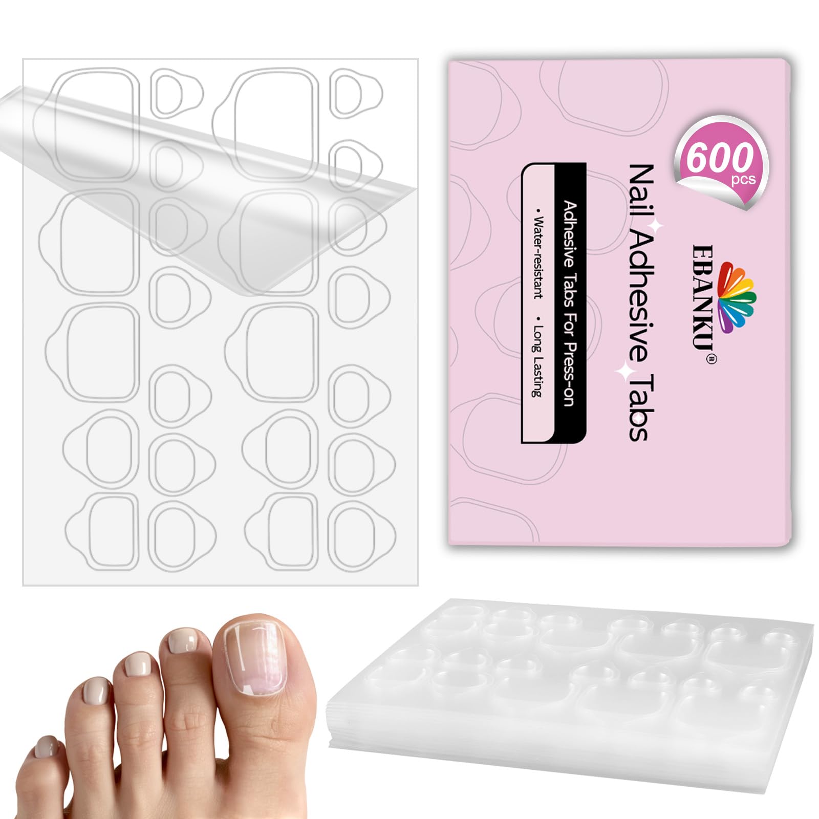 Photo 1 of 600PCS Nail Adhesive Tabs for Toenail, EBANKU Waterproof Breathable Toenail Glue Stickers Ultra-Thin Press on Nail Sticky Tabs in 12 Sizes, 25 Sheets Double Sided Transparent Nail Tape for DIY
