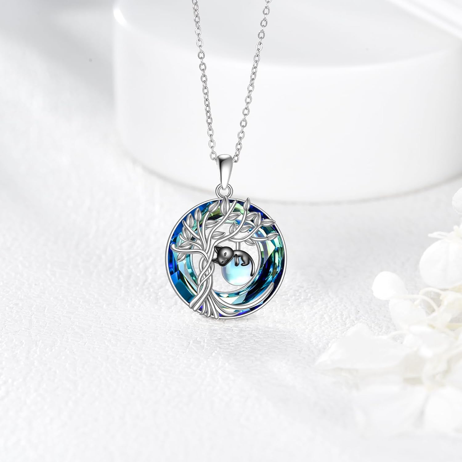 Cat Necklace 925 Sterling Silver Crystal Tree Of Life Necklace Cat Pendant Jewelry Gifts For Women Lovers - Image 2