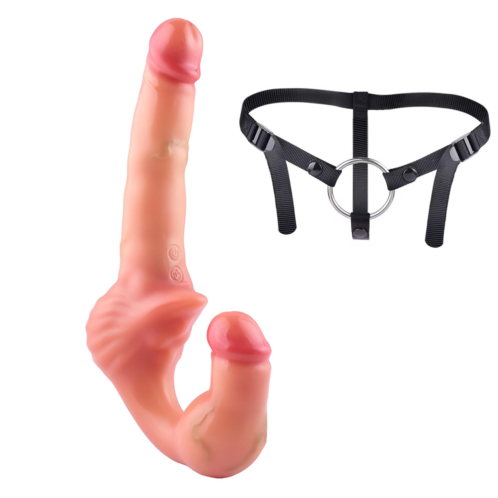 AMAZBEE Correa vibrante en el consolador con arnés para las mujeres sin tirantes de doble extremo Wearable consolador vibrador con calefacción realista juguete de control remoto (B)