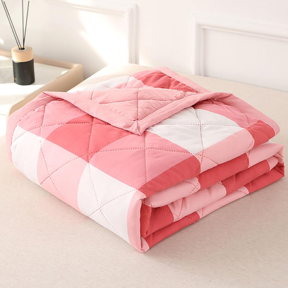 DOTBUY-SHOP Quilted Bedspreads, Check Quilt Bed Throws Cotton Filling Duvet Super King Single Double Size Children's Bed Reversible Quilted Throw for All Season (Pink,150x200cm)