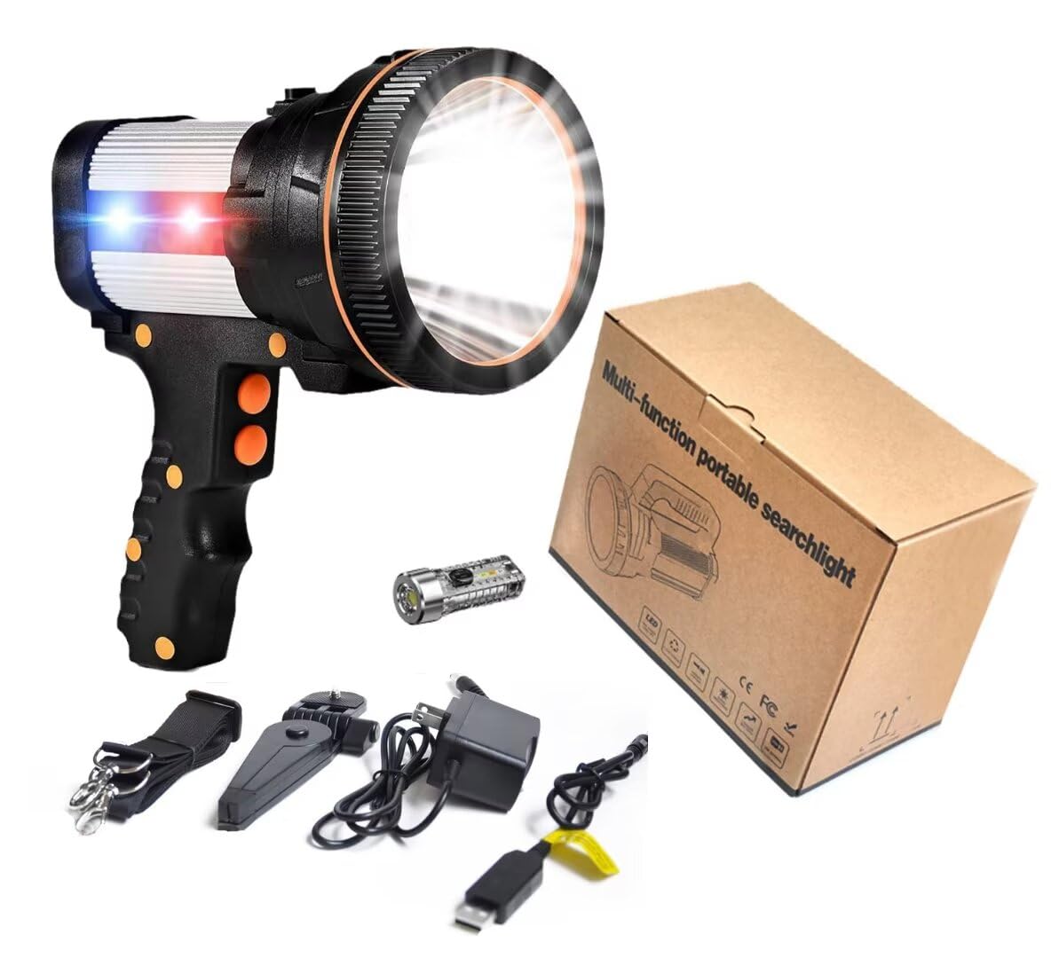 Super Bright Gun-Style led Torch Lantern,9600mah Rechargeable spot Lights,6000 lumens Flashlight Spotlight,Waterproof Camping Torch with Side Emergency Light,6 Light Modes searchlight