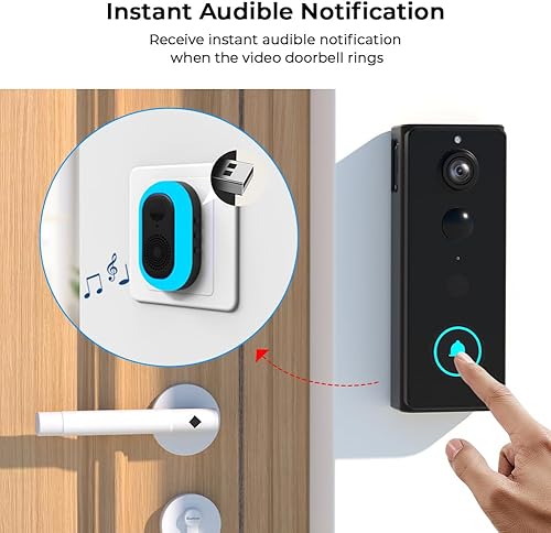 Miniatura 8 de PGST Cámara de timbre de video inalámbrico 2K, sin tarifa mensual, vista de pies a cabeza, visión nocturna, detección de movimiento AI, funciona con