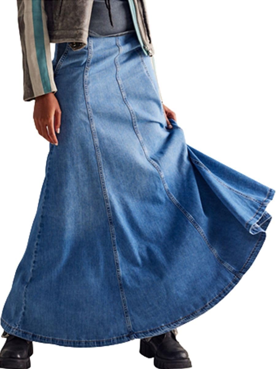 Women's High Waist Long Denim Skirts Plus Size Swing A Line Full Length Maxi Jean Skirts with Pockets