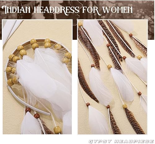 Miniatura 5 de GORTIN Diadema de plumas bohemias, diadema india hippie, tocado gitano blanco, trajes bohemios, accesorios para el cabello para mujer