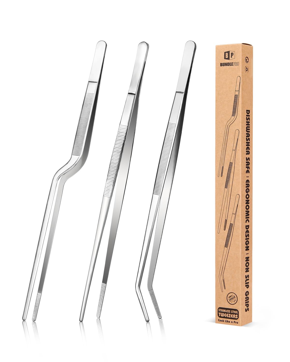 BUNDLEPRO 12 inch 3-Piece Cooking Tweezers