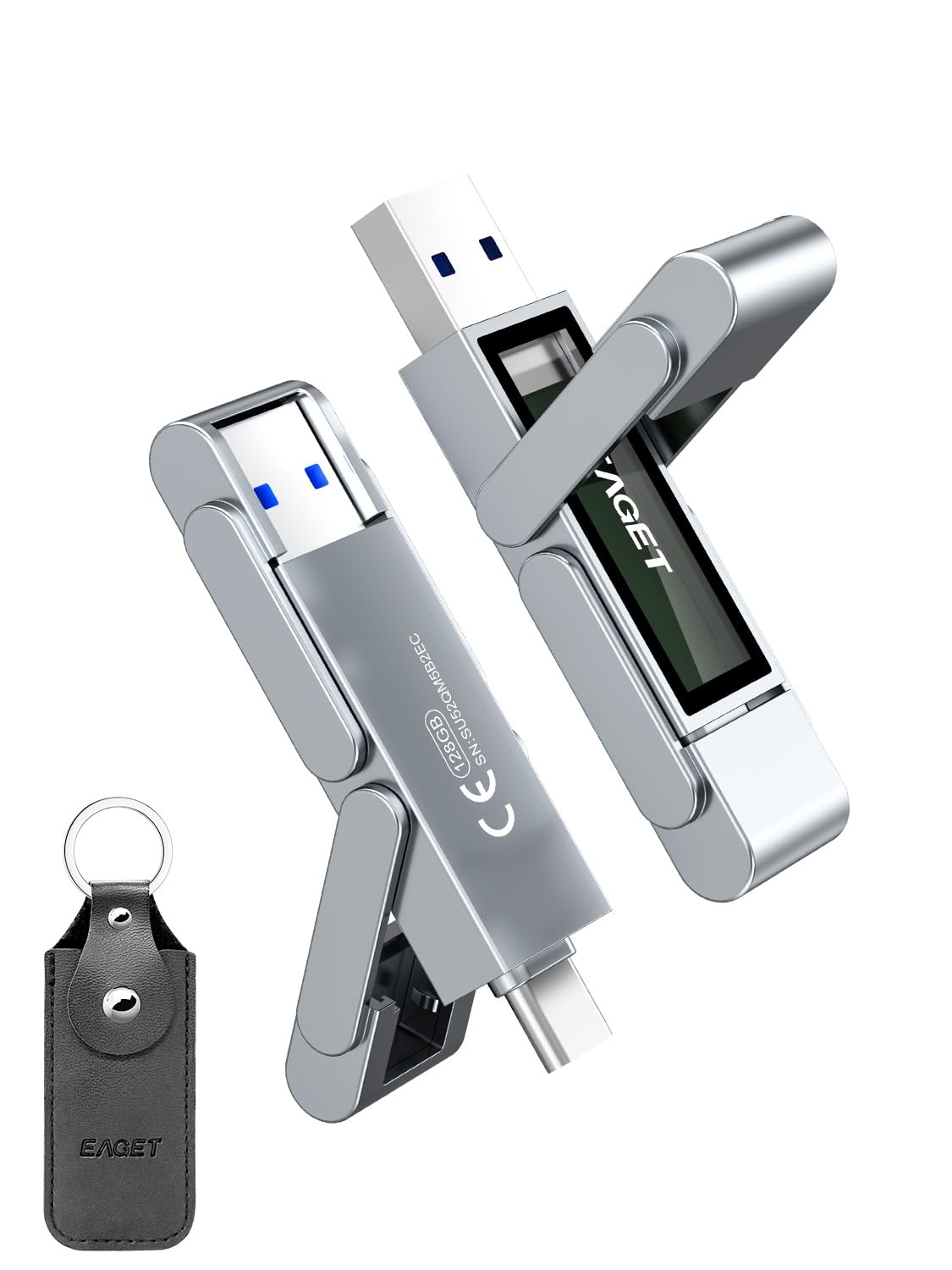 Eaget Clé USB 127 Go, USB-C double port avec USB 3.2, 560 Mo/s haute vitesse pour iPhone 15/16/17 Pro, Android, Mac, PC, PS5 – Corps en métal durable et SSD portable