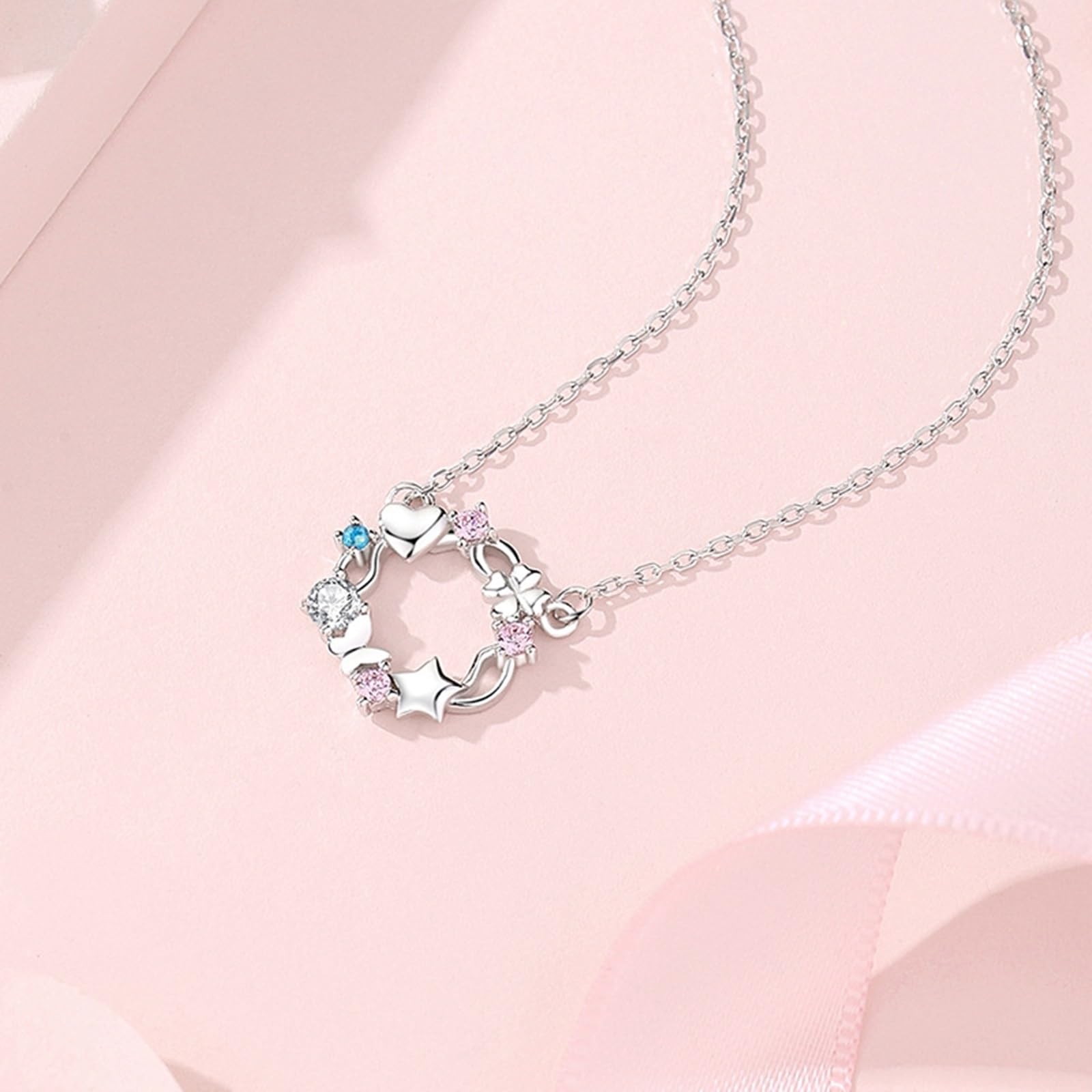 Collar con colgante de corazón para mujer, corona de trébol de mariposa, estrella, corazón, collar delicado para mujer, zafiro creado y topacio moissanita
