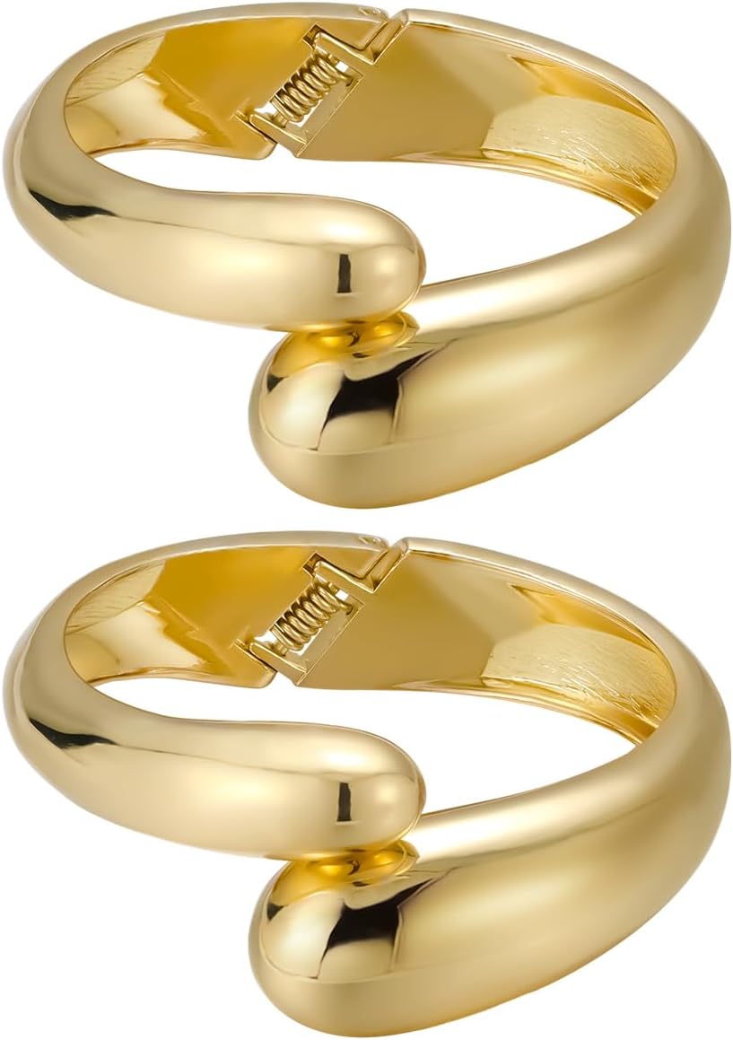 Emibele Cuff Bracelet Stack, 18K Gold-plated Open Bangle Bracelet, Teardrop Hinged Thick Wrist Chunky Bracelet Set for Women, Non Tarnish Jewelry Gift, 2 Pack