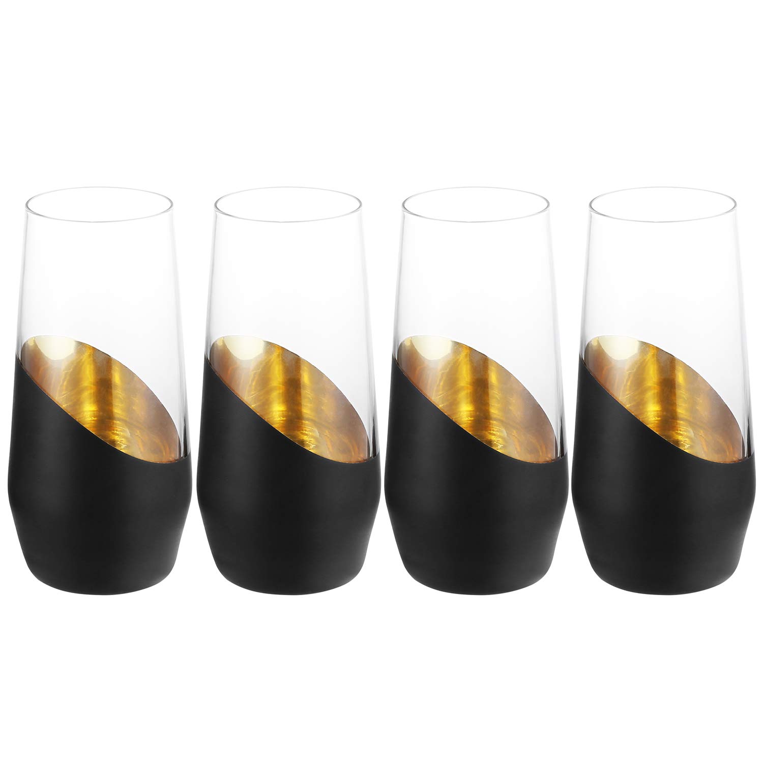 MyGift 11 oz Modern Black and Gold Plated Decorative Stemless Champagne Flute Wedding Party Drinking Glasses, Set of 4