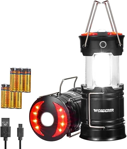 WONDERER Paquete de 2 linternas LED recargables, linterna de camping 4 en 1 con cable USB y funciona con pilas, linterna plegable portátil con base