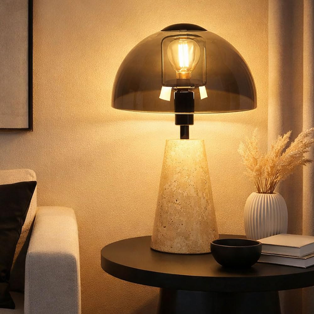 Tischlampe Travertine Stein grau Nachttischlampe Rauchglas Pilz Tischleuchte Wohnzimmerlampe, 1x E14, DxH 20 x 31 cm