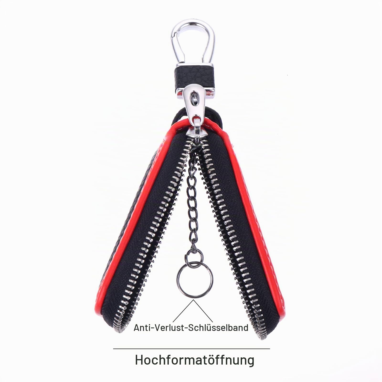 Prasacco Auto Schlüsselanhänger Tasche, Rindsleder Schlüsseletui Tragbares Autoschlüssel Tasche Autoschlüsselanhänger Schutzhülle mit Reißverschluss und Karabiner - 8 x 4,5 x 1,8 cm (Schwarz, Rot)