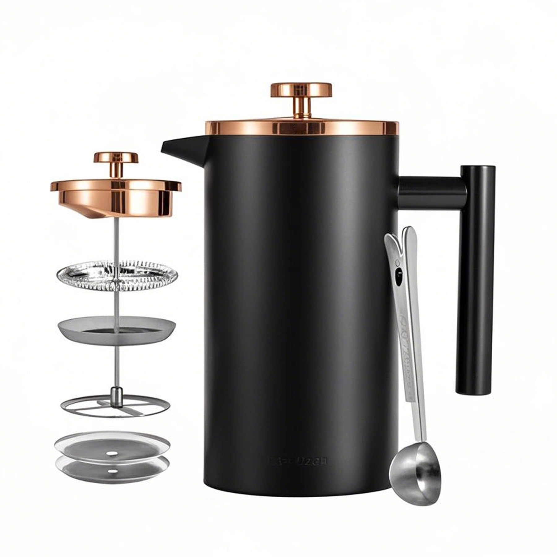 Black French Press Stainless Steel 34oz, Double Wall Insulated Coffee Press 1L for travel camping with 2 Extra Filter Screens and 1 Coffee Spoon（8cup 1000ml）