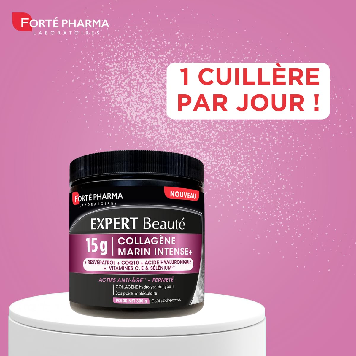 Forté Pharma Complément beauté Expert Collagène Marin Intense Anti Âge 300g | Raffermit la peau, Collagène marin 15 g, Acide hyaluronique, CoQ10, Resvératrol, améliore l'élasticité et l'éclat, 20 jours