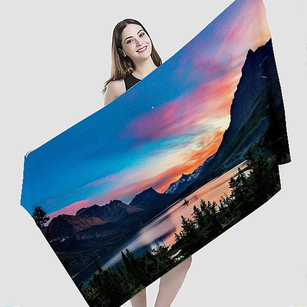 Lsjuee Sunset Mountain Beach Towel Long Sand Resistant Superfine Fiber Beach Towel to Lay on for SPA Gym Fitness Other Water Activities Honeymoon Tropical Vacations Beach Picnic Cruise 32INx52IN