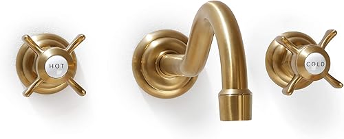 SITGES Grifo de pared antiguo, grifo de montaje en pared para fregadero de baño de dos manijas con válvula áspera incluida, cepillado dorado disponible en Yaxa Colombia