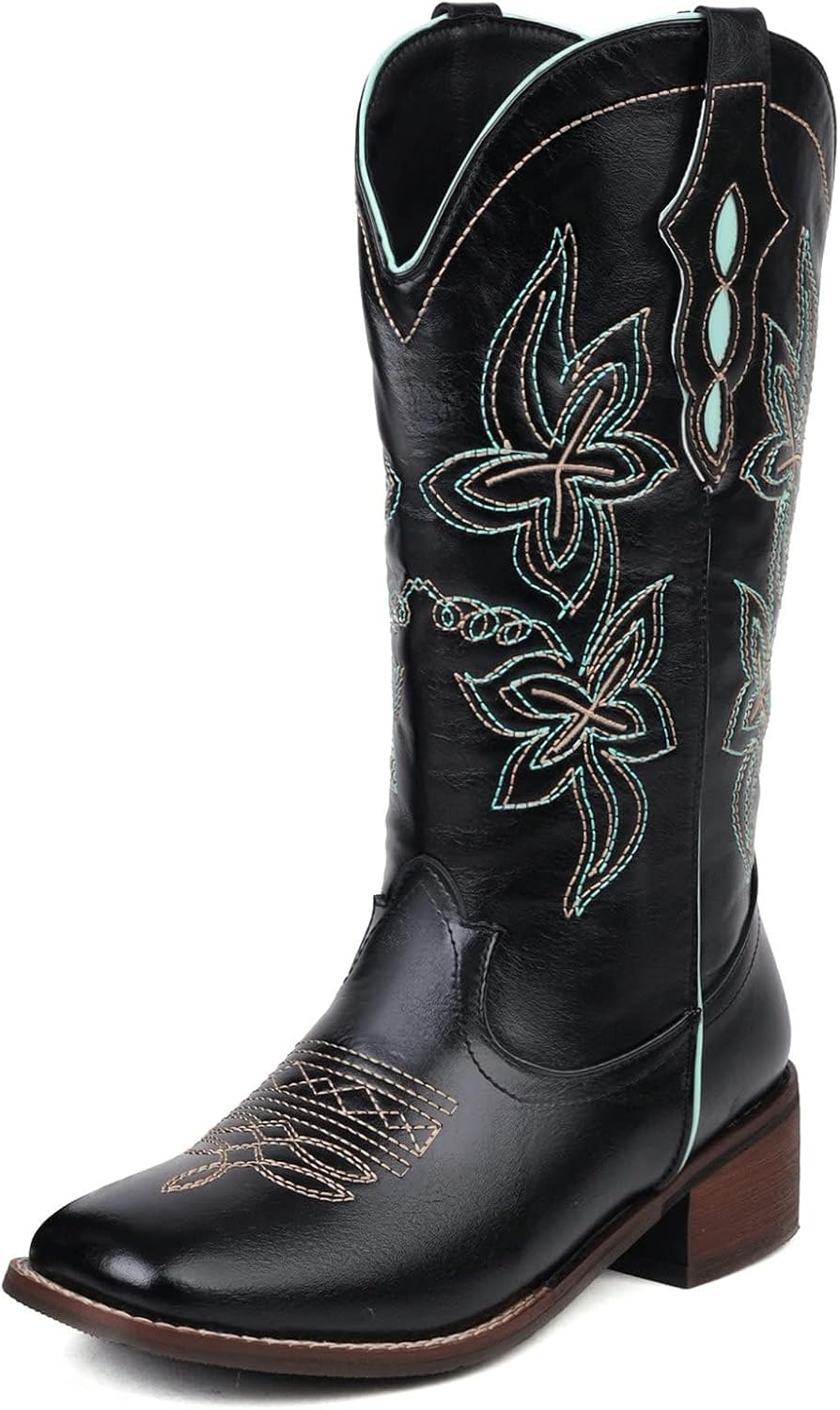 KiutSymo Stitching Mid Calf Cowgirl Boots For Women Retro Square Toe Chunky Heel Cowboy Boots Vintage Embroidered Western Boots