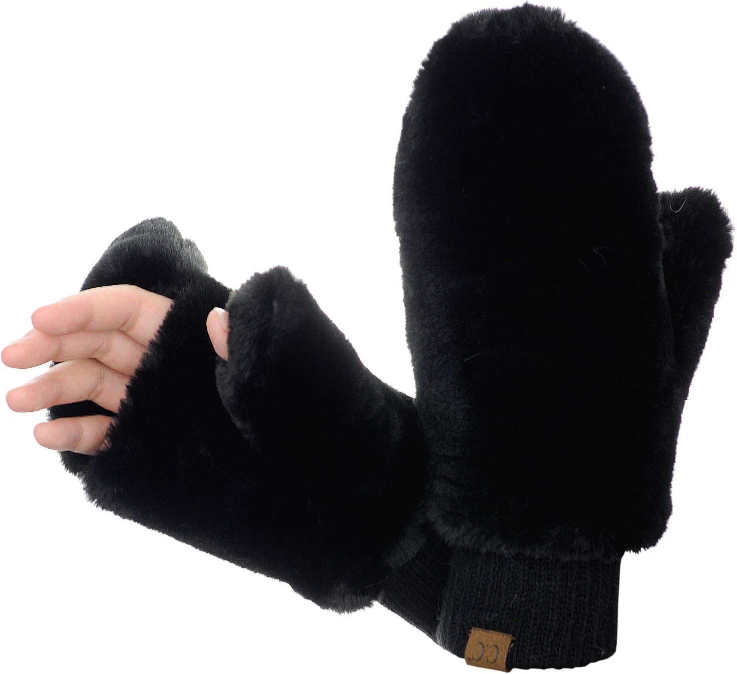 C.C Women's Faux Fur Wrist Length Fingerless Sherpa Lined Convertible Mittens Gloves - Image 2