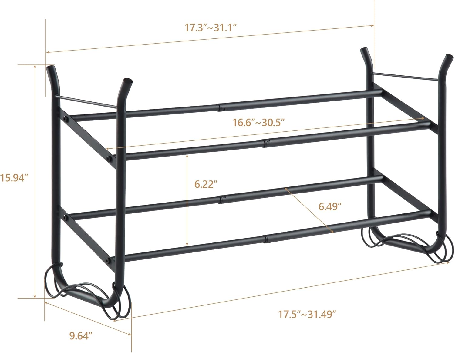 SunnyPoint Expandable & Stackable 2-Tier Shoe Rack – Adjustable Shoe Organizer for Entryway, Closet or Bedroom, Holds 4 to 8 Pairs, Space-Saving Metal Shoe Storage Shelf (17.5"–31.49" W) (BLK, 2 Tier)