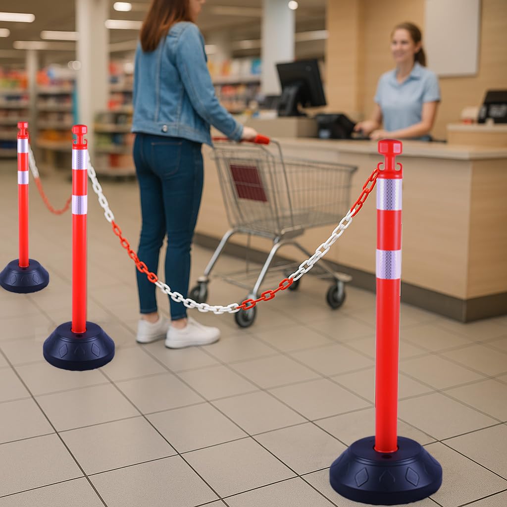 Paquete de 6 postes de barrera de plástico con 4 cadenas de barrera de 200 cm, postes de plástico con base rellenable, para control de tráfico y delimitación de estacionamiento (Rojo)