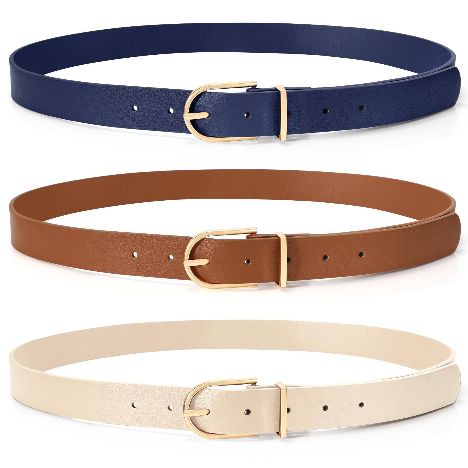 SUOSDEY 2 Pack 3 Pack Womens Fashion Leather Belts for Jeans Dresses Pants Black Brown Beige Ladies Belts with Gold Buckle