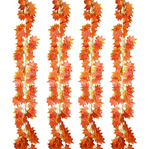 TINGOR 12 Pack Autumn Artificial Silk Maple Leaf Garland Autumn Leaves Garland Hanging Plant for Home Kitchen Thanksgiving Autumns Wedding Decor