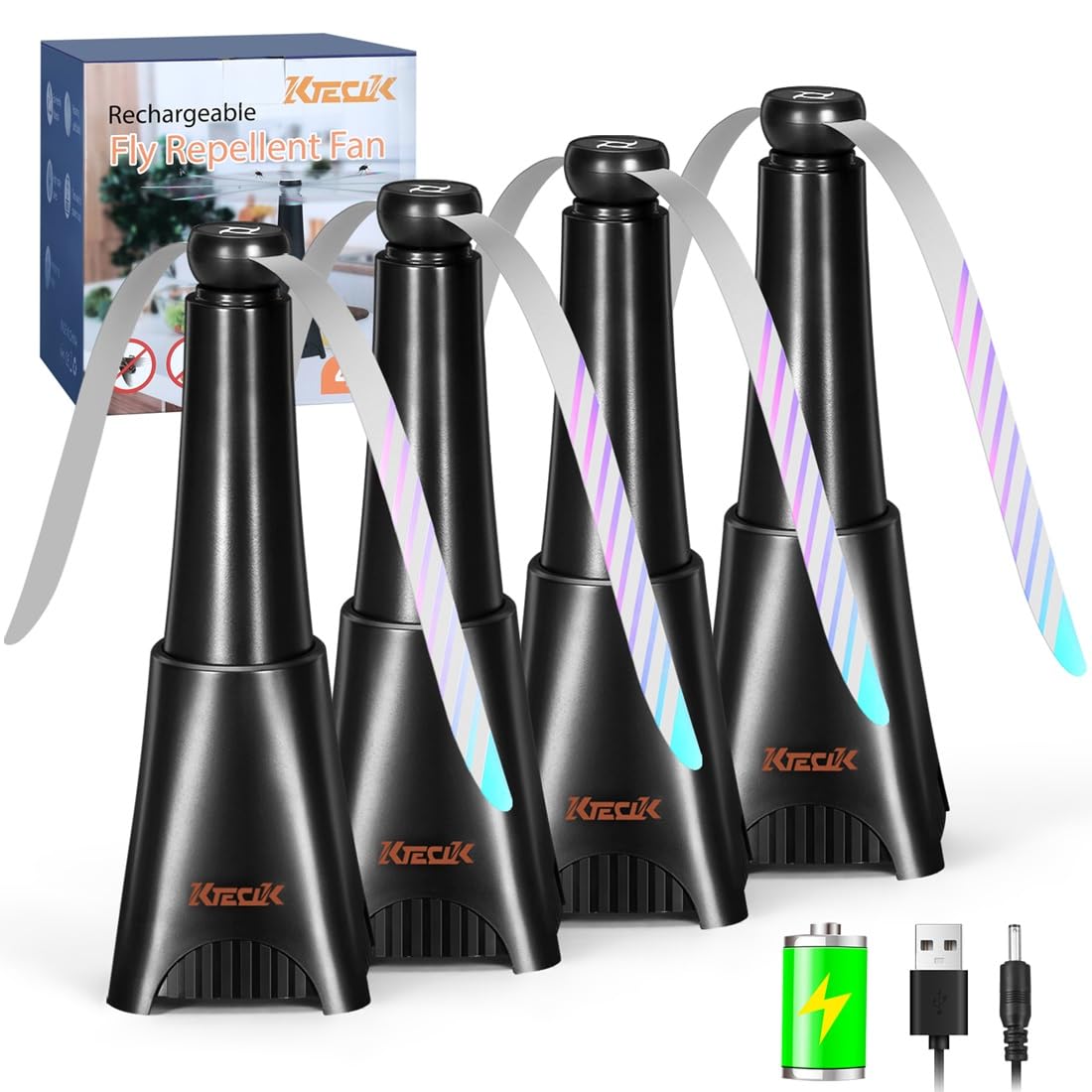 Fly Fan for Table, Rechargeable Fly Repellent Fan Portable Chemical-Free Food Fan with Soft Blads to Keep Flies Away, USB Fly Repellent 4 Pack, Black