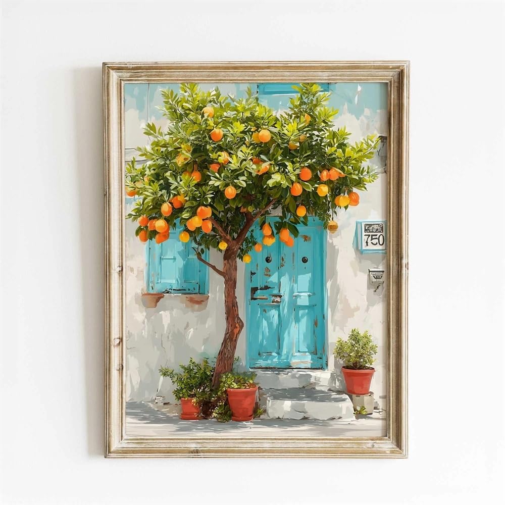 GOSRD Mediterranean Cafe Wall Art Prints Lemon Tree Cafe Print Italian Coastal Poster Spanish Courtyard Watercolor Art Decor(35x50cm)