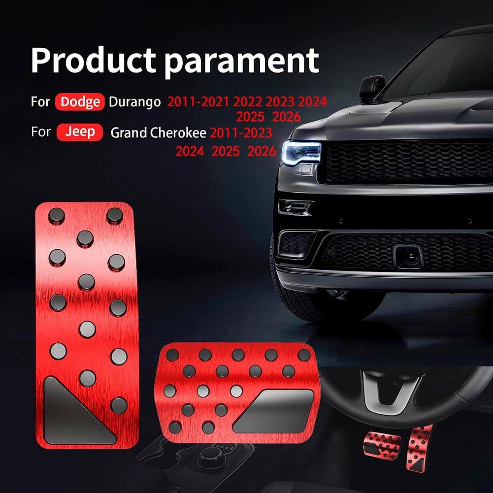 Car Pedal Cover for Jeep Grand Cherokee Dodge Durango 2011-2024 2025 2026 Aluminum Alloy No Drilling Aluminum Brake and Accelerator Pedal Covers 2PCS(Red)