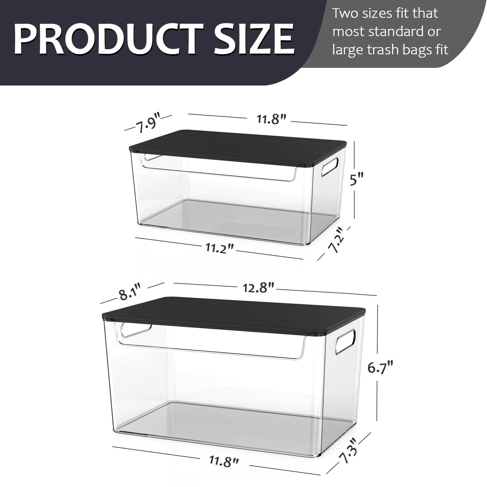 COAZEX 2 Pack Trash Bag Holder Under Sink Stackable, Plastic Garbage Bag Dispenser with Lid, Trash Bag Storage Dispenser Roll Holder for Kitchen, Pantry, Laundry Room Organization (Black Lid)