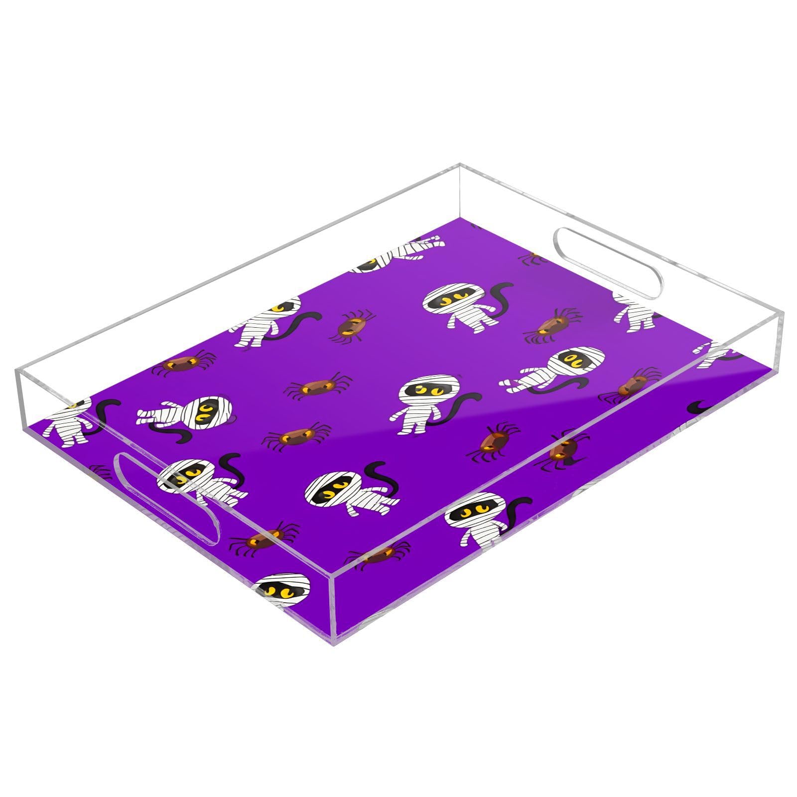 BOESI Cute Mummy and Spider Acrylic Decorative Dining Tray, Acrylic Decorative Tray Organizer with Handle for Kitchen, Dining Room, Bathroom, Dresser