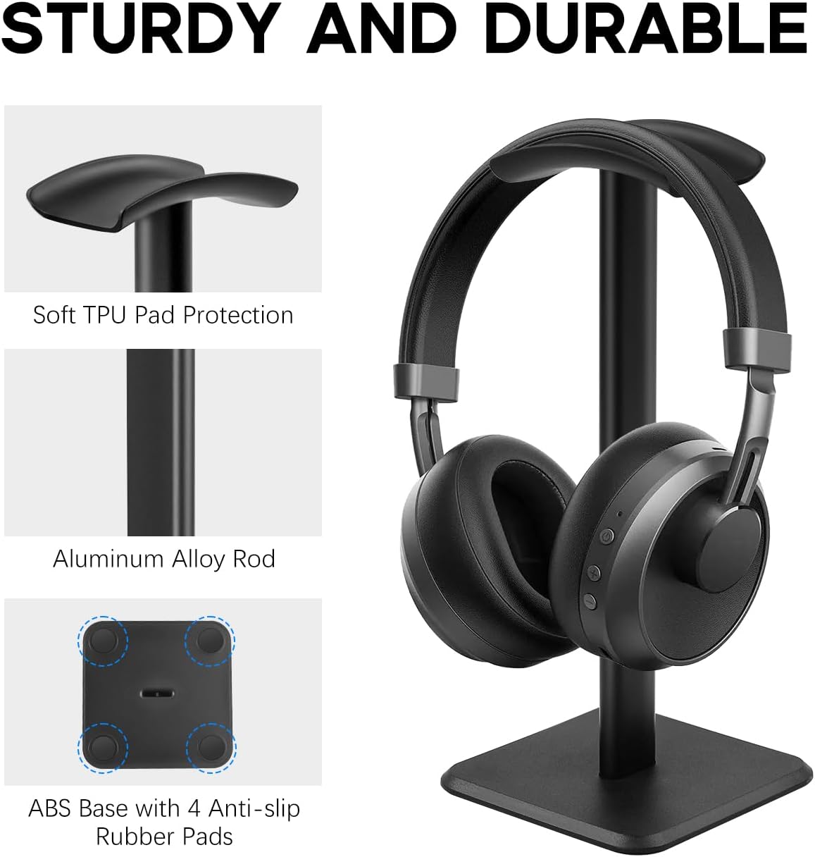 JIKIOU Headphone Stand Gaming Headset Holder Universal Aluminum Metal Headphones Holder Hanger with Aluminum Supporting Bar Flexible Headrest ABS Solid Base for All Headphone 2 Pack (Black) - Image 2