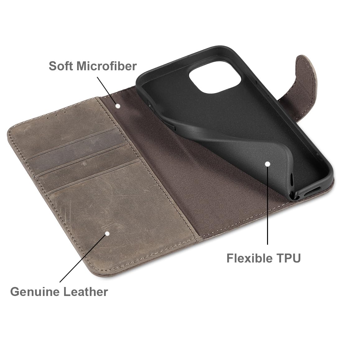 Lensun Custodia per iPhone 14, Cover in Vera Pelle Portacellulare Antiurto Libro con Portafoglio Chiusura Magnetico Flip Custodie Cuoio per Apple iPhone 14 - Grigio Marrone