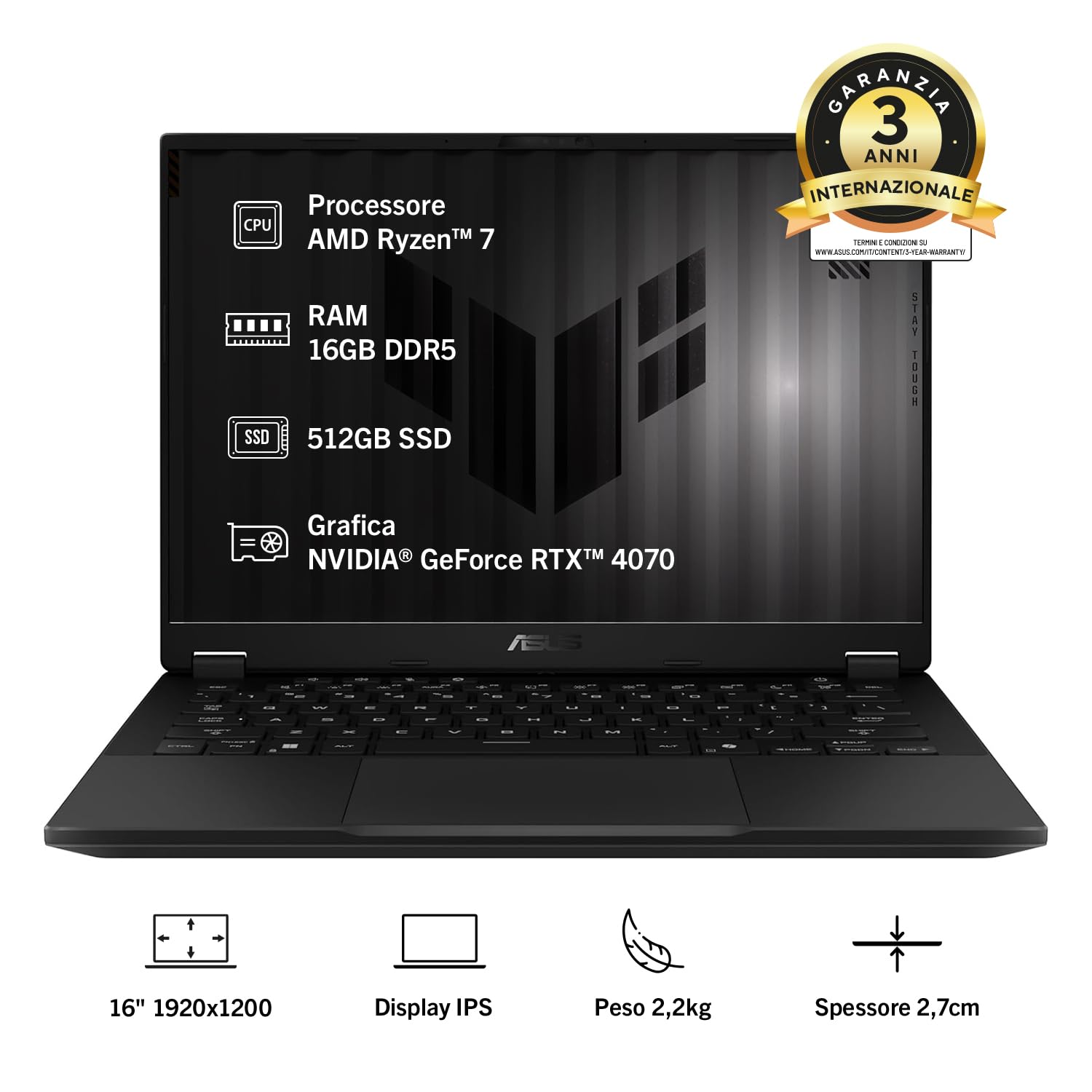 ASUS TUF Gaming A16 (2026) con NVIDIA GeForce RTX 4050, AMD Ryzen 7 170, 16" IPS 144Hz, 16GB RAM, 512GB SSD, WIN11 Home, Layout ITA, Grigio