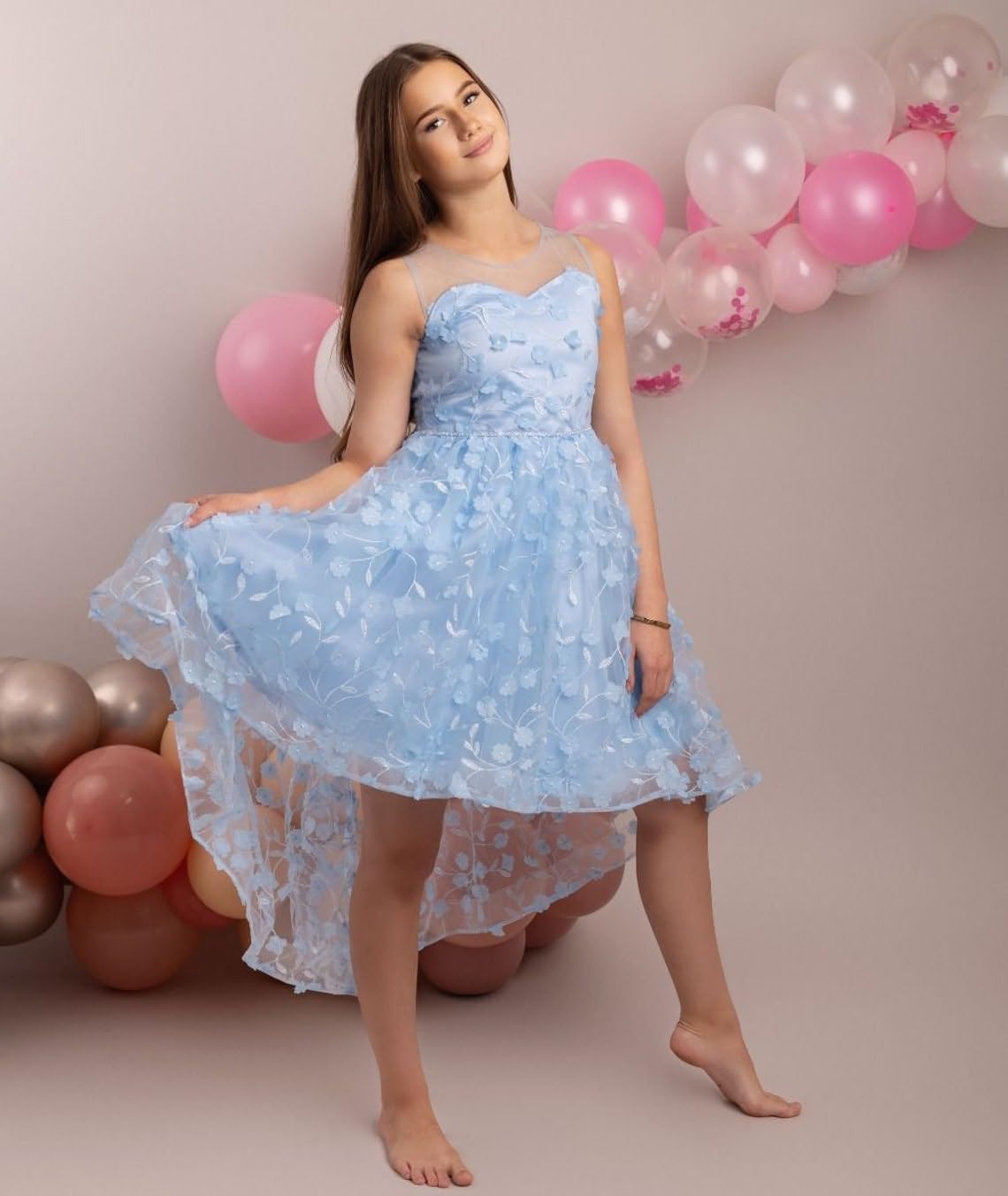 SIRRI Vestido Floral para niñas con superposición Transparente y Bordado Ocasiones Especiales