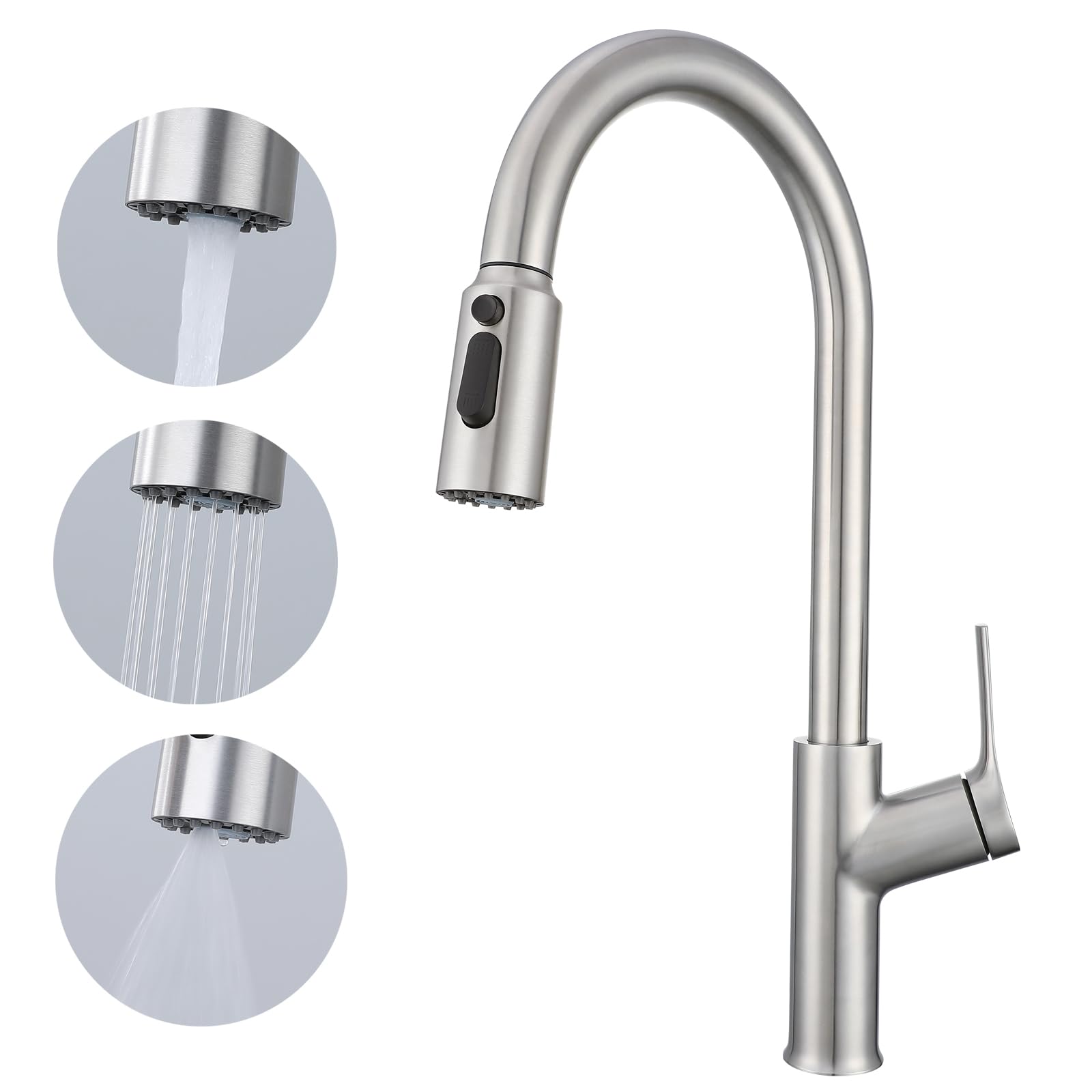 Yamatarao Kitchen Mixer Tap with Pull Out Spray, Single Lever Monobloc High Arc Swivel Sink Tap, 3-Mode Spray Head, Brushed Stainless Steel