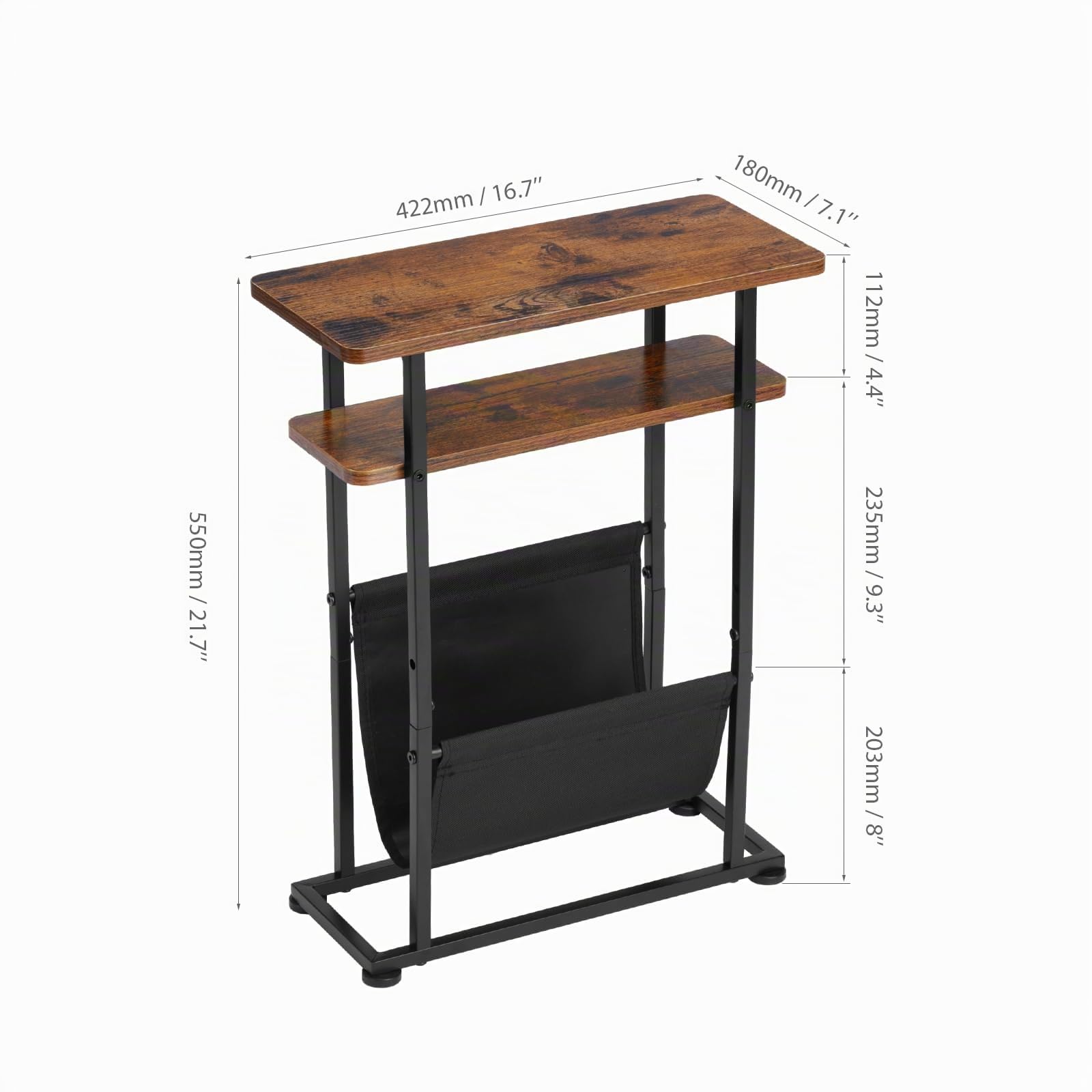 Table d'appoint fine pour petits espaces – Table d'appoint 2 en 1 avec porte-revues – Marron rustique
