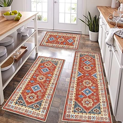 HEBE Boho Kitchen Rug Sets 3 Piece with Runner Vintage Kitchen Rug Runner Non Slip Bohemian Kitchen Area Rug Floor Mat Washable Laundry Room Runner Rug for Hallway Living Room Entryway Cover