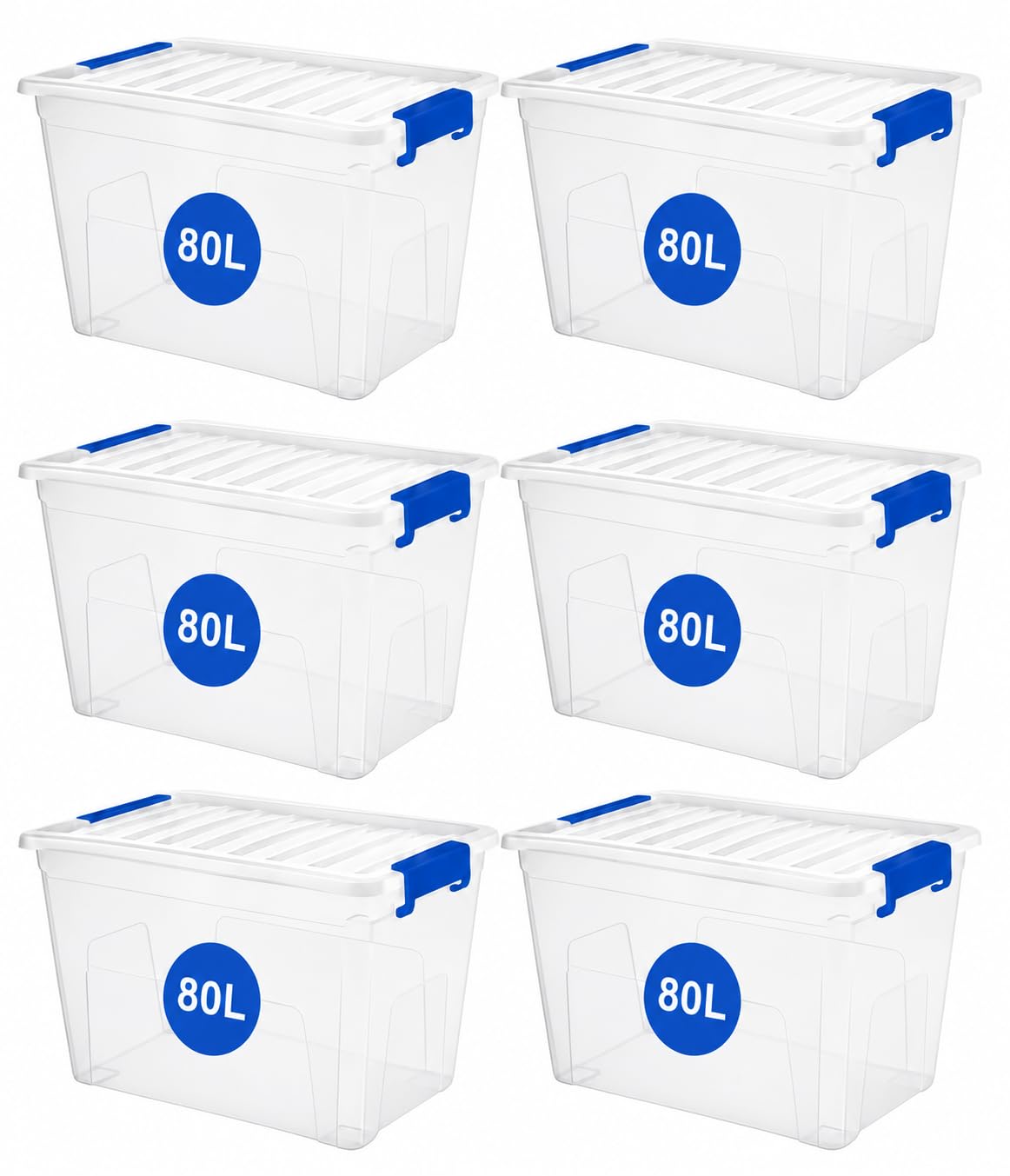 RelianceUK 6 X 80L Large Plastic Storage Box with Clip Lock Lid - Strong Stackable Storage Boxes 80 Litres - Home, Office, Kitchen, Storage Containers | Made in UK (80 Litre / 6 Pack)