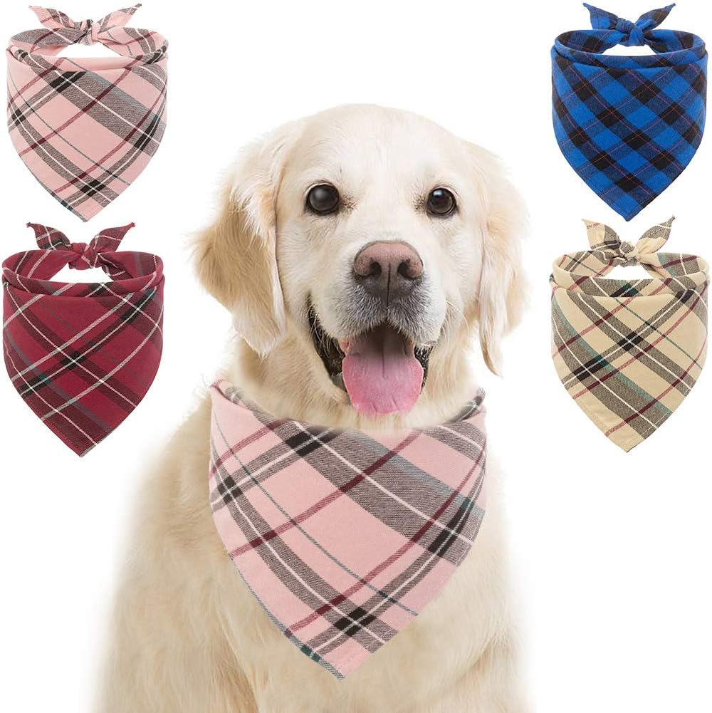 SCIROKKO Plaid Dog Bandana - 4 Pack Cotton Triangle Bibs Scarfs Accessories for Small Medium Large Dogs Pets, Beige Red Pink and Blue
