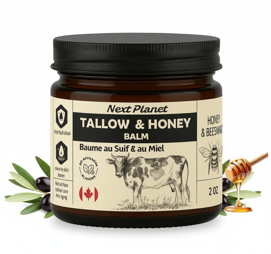 NEXT PLANET Beef Tallow & Honey Balm – Face & Body Moisturizer – Natural Skincare with 100% Grass Fed Tallow, Raw Honey & Beeswax – Hydrating, Nourishing & Anti-Aging- Vitamins A, D, K & E -2oz Brand