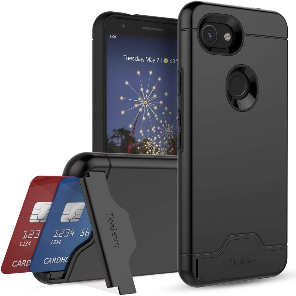 Wallet Case for Google Pixel 3a, Dual-Layer Case with Hidden Card Storage and Integrated Kickstand for Google Pixel 3a, Black