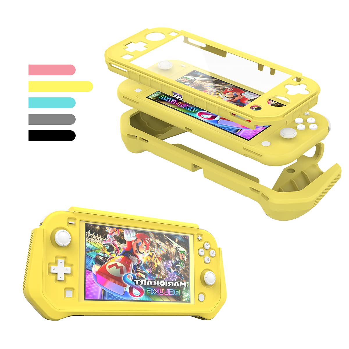 FIWWAT Switch Lite Case Protective Case for Nintendo Switch Lite, Compatible with Nintendo Switch Lite Cover with Built-in PC Screen Protector Hand Grip Case with 2 Thumb Grip Caps, Yellow
