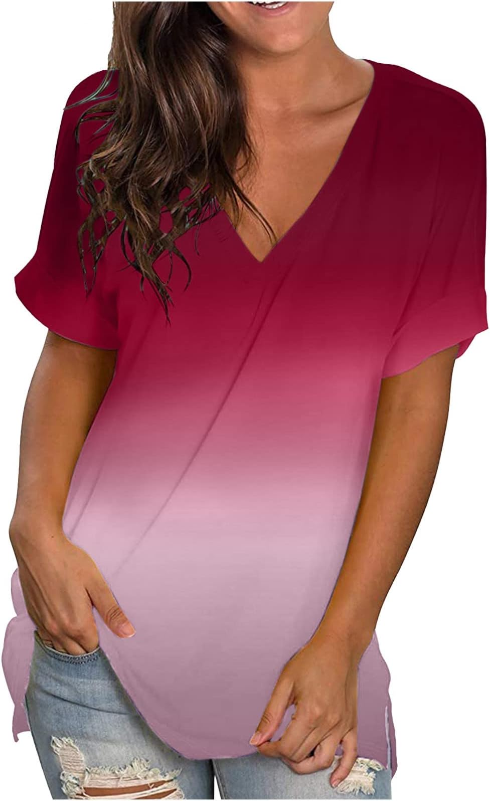 AMhomelyWomens Tops Shirt Plus Size Sale Fashion Gradient Printed Blouse V-Neck Short Sleeve Loose T-Shirt Tops Oversize Loose Tunic UK Size Elegant Twisted Sweatshirt for Ladies
