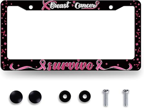 Breast Cancer Awareness License Plate Frame Pink Ribbon License Plate Holder for Front and Rear Car Tags Stainless Steel Funny License Plate Car Decoration with Screws 12.2