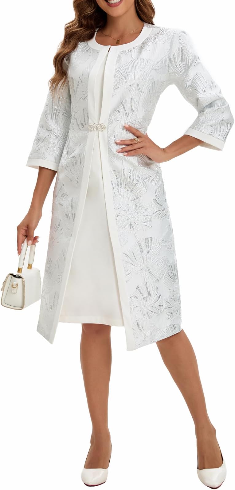 Women's Dress Church Suits 2 Piece with Jacquard Embroidery Long Jacket Church Set for Formal Occasions or Wedding Party