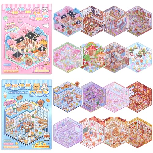 3D Sticker Scene Book 2 Packs Cute Scene Sticker Book with 16 Scenes 3D Scene Stickers for Adults Sticker Collection Set for Creative Fun Miniature Scene Sticker Books for Travel Party Favors