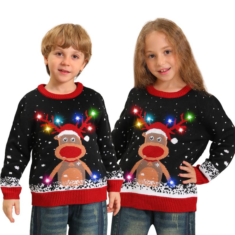 Kouric Hässliche Weihnachtspullover Kinder mit LED, Ugly Christmas Sweater, lustig Weihnachtspulli Familie Set, Xmas Pullover Weihnachten mit Beleuchtung für Mädchen,...