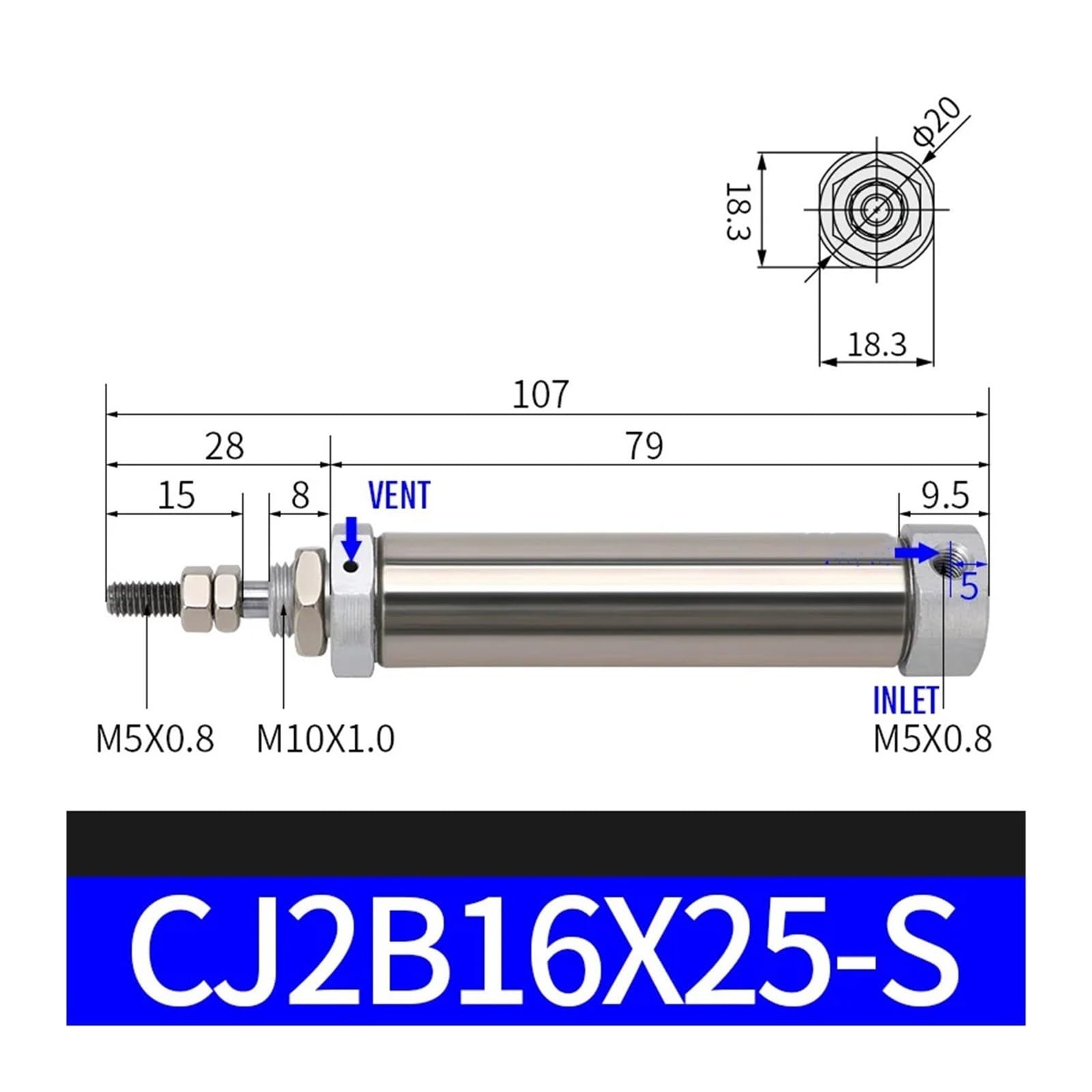 Cilindro neumático de aire, cilindro aguja, mini acero inoxidable, simple efecto, retorno por resorte CJ1B CJ2B, accesorios neumáticos(Cj2b16x25 s)